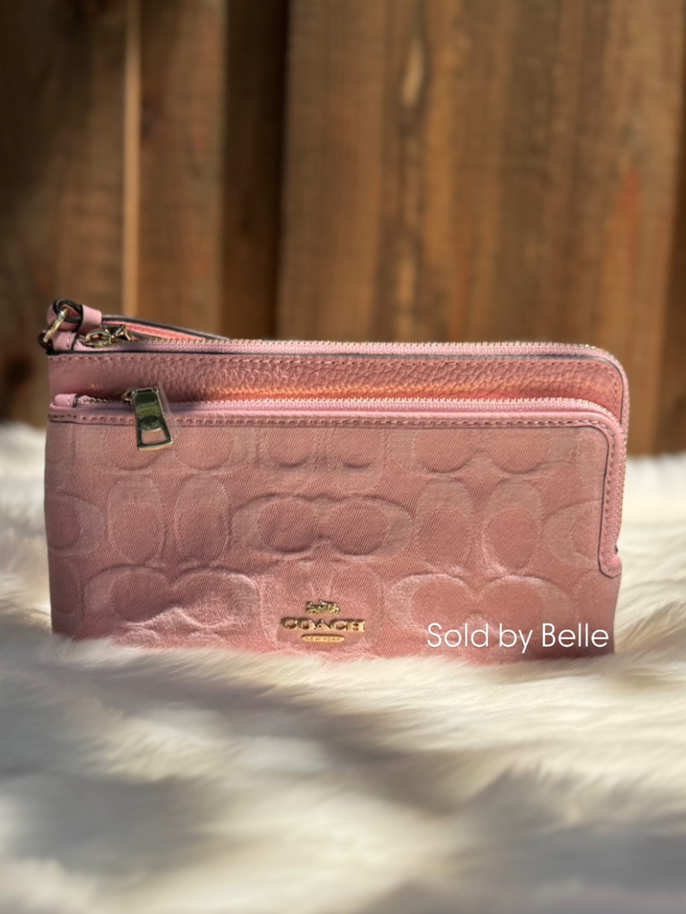 NWT Coach Double Zip Wallet In Signature Denim Gold Light Pink Wristlet